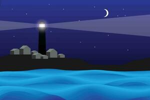illustration de phare sur le colline et bleu vague dans le nuit. vecteur
