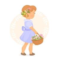 fille avec un beau panier de fleurs de printemps vecteur