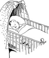 bébé dans lit de bébé en train de dormir avec une nounours ours, ancien gravure. vecteur