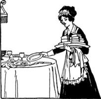 Femme de ménage nettoyage le tableau, ancien illustration vecteur