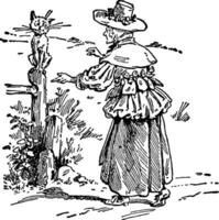 femme atteindre pour chat sur clôture poste, ancien illustration vecteur