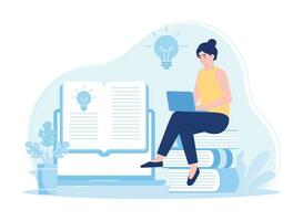 femme séance avec portable .en ligne éducation concept distance apprentissage concept plat illustration vecteur