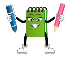 personnage de bloc-notes mascotte debout et tenant un stylo et un crayon vecteur