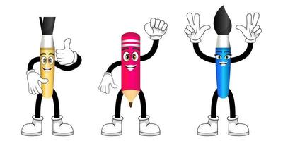 personnages mignons de pinceau de crayon de mascotte se tenant ensemble et agitant avec une expression joyeuse vecteur