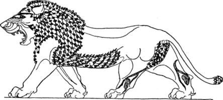 assyrien Lion est sur une vitré argile dalle à une Royal palais dans Khorsabad, ancien gravure. vecteur