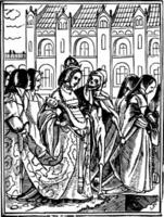 Danse de décès, le reine en marchant avec squelette dans cette image, ancien gravure. vecteur