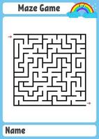 labyrinthe carré abstrait. feuilles de travail pour enfants. puzzle de jeu pour les enfants. arc-en-ciel drôle sur un fond coloré. une entrée, une sortie. énigme du labyrinthe. illustration vectorielle. avec place pour nom. vecteur