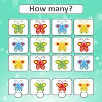 jeu de comptage pour les enfants d'âge préscolaire pour le développement des capacités mathématiques. compte le nombre de papillons dans l'image. avec une place pour les réponses. illustration vectorielle simple plat isolé. vecteur