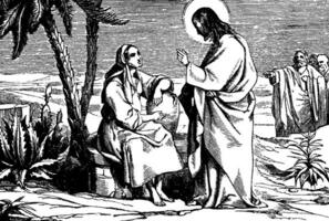 Jésus parle à le samaritain femme à le bien ancien illustration. vecteur