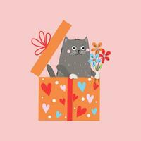 marrant dessin animé chaton avec fleurs dans une cadeau boîte, cœurs. salutation carte. la Saint-Valentin jour, anniversaire. griffonnage style dessin, vecteur illustration de une mignonne animal.