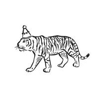 une ligne tiré tigre portant une fête chapeau. parfait pour une des gamins faire la fête, DIY invitations et fête ou un événement signalisation. tiré par main dans noir et blanche. vecteur