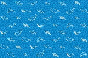 illustration blanc ligne de le océan animal avec bleu vague Contexte. vecteur