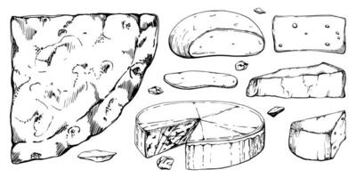 main tiré vecteur encre illustration. quattro formaggi quatre les fromages Pizza tranche, italien cuisine. ensemble de objets isolé sur blanche. conception pour restaurant menu, café, nourriture magasin ou emballer, prospectus imprimer.