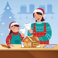 mère et fille décorent la maison en pain d'épice à Noël vecteur