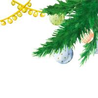 aquarelle Noël arbre branches décoré avec bleu, rose, vert verre des balles pendaison sur d'or ruban et brillant lumière guirlandes. vecteur. Noël ornements illustration pour décoration et conception vecteur