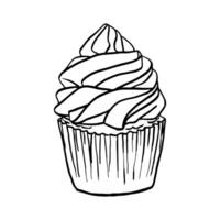 petit gâteau ligne art main tiré style griffonnage dessin noir et blanche. esquisser de Frais cuit muffin, gravé Pâtisserie vecteur illustration. sucré dessert tarte ou biscuit encre dessin pour conception