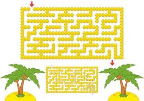 labyrinthe rectangulaire de couleur. plage jaune avec des palmiers en style cartoon. jeu pour les enfants. casse-tête pour les enfants. énigme du labyrinthe. illustration vectorielle plane isolée sur fond blanc. avec la réponse. vecteur