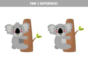 Trouvez 3 différences entre deux koalas de dessins animés. vecteur