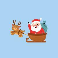 Père Noël claus équitation une traîneau tiré par une renne, porter une sac plein de cadeaux. joyeux Noël, père Noël claus dans une traîneau. au nez rouge renne vecteur