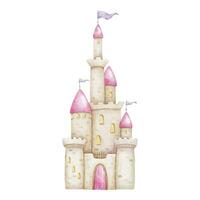 mignonne Fée conte Château pour une princesse. Royaume avec tours, rose toits et drapeaux. isolé aquarelle illustration pour décoration de enfants pièces, bébé douche, cartes postales, faire-part, en tissu vecteur