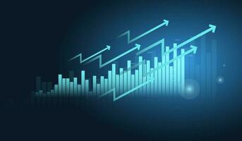 financier, affaires et graphique avec en mouvement en haut La Flèche graphique dans Stock marché sur bleu Couleur Contexte vecteur