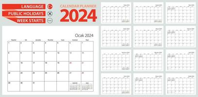 turc calendrier planificateur pour 2024. turc langue, la semaine départs de lundi. vecteur