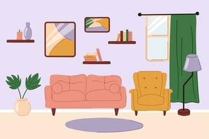 vivant pièce intérieur avec meubles. Accueil intérieur avec canapé, fauteuil, tapis, fenêtre, plante d'appartement. plat griffonnage vecteur illustration.