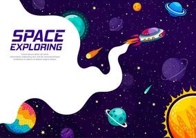espace explorer, dessin animé vaisseau spatial en volant dans galaxie vecteur