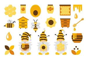 mon chéri les abeilles vecteur ensemble. mignonne abeille dessin animé collection. marrant illustrations, plat style Icônes. apiculture agrafe art. reine abeille, gnomes, ruches, les frontières, fleurs, nids d'abeilles.