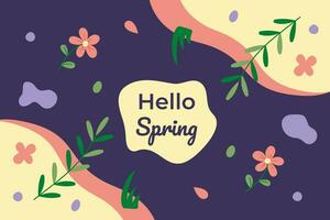 Bonjour printemps Contexte. comprend fleurs, feuilles, branches, texte et abstrait formes. plat Couleur vecteur illustration.
