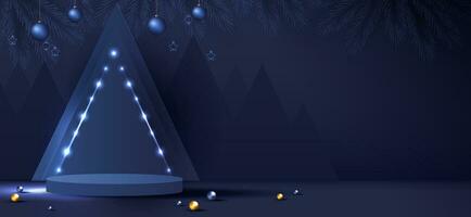 podium forme pour spectacle cosmétique produit afficher pour Noël journée ou Nouveau années. supporter produit vitrine sur bleu Contexte avec arbre, Balle et étoiles Noël. vecteur conception.