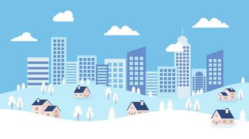 hiver paysage urbain avec neige collines, Maisons, et bâtiments, moderne Nouveau année vacances vecteur Contexte dans plat conception style