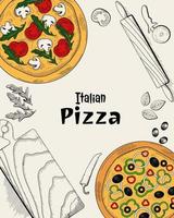 pizza italienne, ingrédients et articles de cuisine. modèle de menu de nourriture vecteur