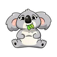 mignonne dessin animé koala est assis et mâche eucalyptus feuilles. vecteur