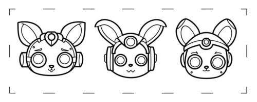 lapin robot têtes avec blanc arrière-plan, plat noir griffonnage, La technologie animaux conception, mignonne main dessin vecteur illustration.