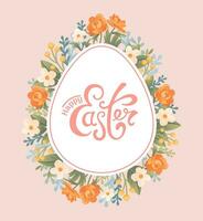 content Pâques. carré coloré bannière, couronne de printemps fleurs dans le forme de une Chocolat œuf. ancien caractères. vecteur illustration pour affiches, cartes, bannières, en tissu impression. il est ressuscité.