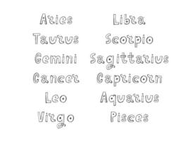 signe de vecteur de lettrage du zodiaque. illustration de texte d'astrologie de dessin animé. jeu d'icônes manuscrites horoscope.
