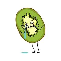 personnage de kiwi mignon avec des émotions de pleurs et de larmes, le visage, les bras et les jambes. le fruit tropical exotique vert dépressif ou triste avec des yeux vecteur