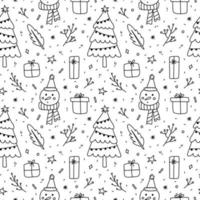 modèle sans couture de noël mignon. arbre de noël festif avec guirlande, bonhomme de neige, cadeaux, brindilles et flocons de neige. illustration vectorielle dessinée à la main dans le style doodle. parfait pour le papier d'emballage, l'emballage, la décoration. vecteur