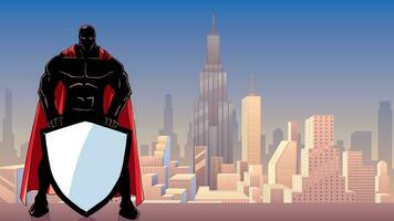 super-héros en portant bouclier dans ville silhouette vecteur