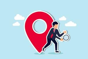 recherche d'emplacement pour l'adresse professionnelle, la carte ou la direction pour naviguer ou trouver la position, concept d'information sur la rue de l'emplacement du bureau, recherche d'homme d'affaires curieux avec loupe avec broche de localisation de la carte. vecteur