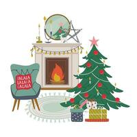 confortable vivant pièce décoré pour le Noël et Nouveau an. scandinave intérieur. hiver vacances intérieur avec Noël arbre, cheminée, fauteuil, cadeau des boites, bougies. plat style vecteur illustration.