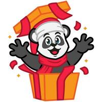 Panda dans une Père Noël claus chapeau et écharpe avec une surprise boîte vecteur