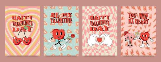 une ensemble de cartes postales, affiches pour la Saint-Valentin journée. personnages et cœur décor. rétro style années 60, années 70. vecteur