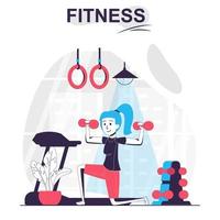 concept de dessin animé isolé de remise en forme. femme faisant des exercices avec des haltères, séance d'entraînement à la scène des gens de gym au design plat. illustration vectorielle pour les blogs, site Web, application mobile, matériel promotionnel. vecteur