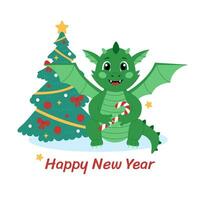 mignonne vert dragon avec bonbons canne et Noël arbre. dessin animé personnage pour Nouveau an. vecteur illustration pour salutation carte, affiche ou bannière