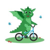 mignonne vert dragon monte une vélo. dessin animé personnage équitation une vélo. été activité. vecteur illustration pour les enfants