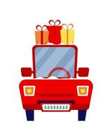 rouge voiture avec Noël présent clipart. vecteur rétro voiture avec cadeau des boites