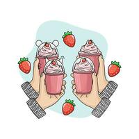 la glace crème fraise dans main avec fraise illustration vecteur