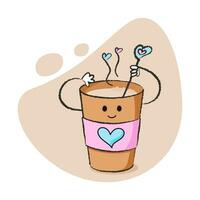 mignonne personnage de café tasse qui remue café et avoir cœurs, pour la Saint-Valentin journée et plus. meilleur pour carte postale, autocollants et plus dessins vecteur